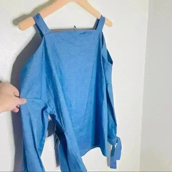 Tibi Cold-Shoulder Chambray Cut-Out Blouse Bow-Tie Sleeves XS - Picture 6 of 8